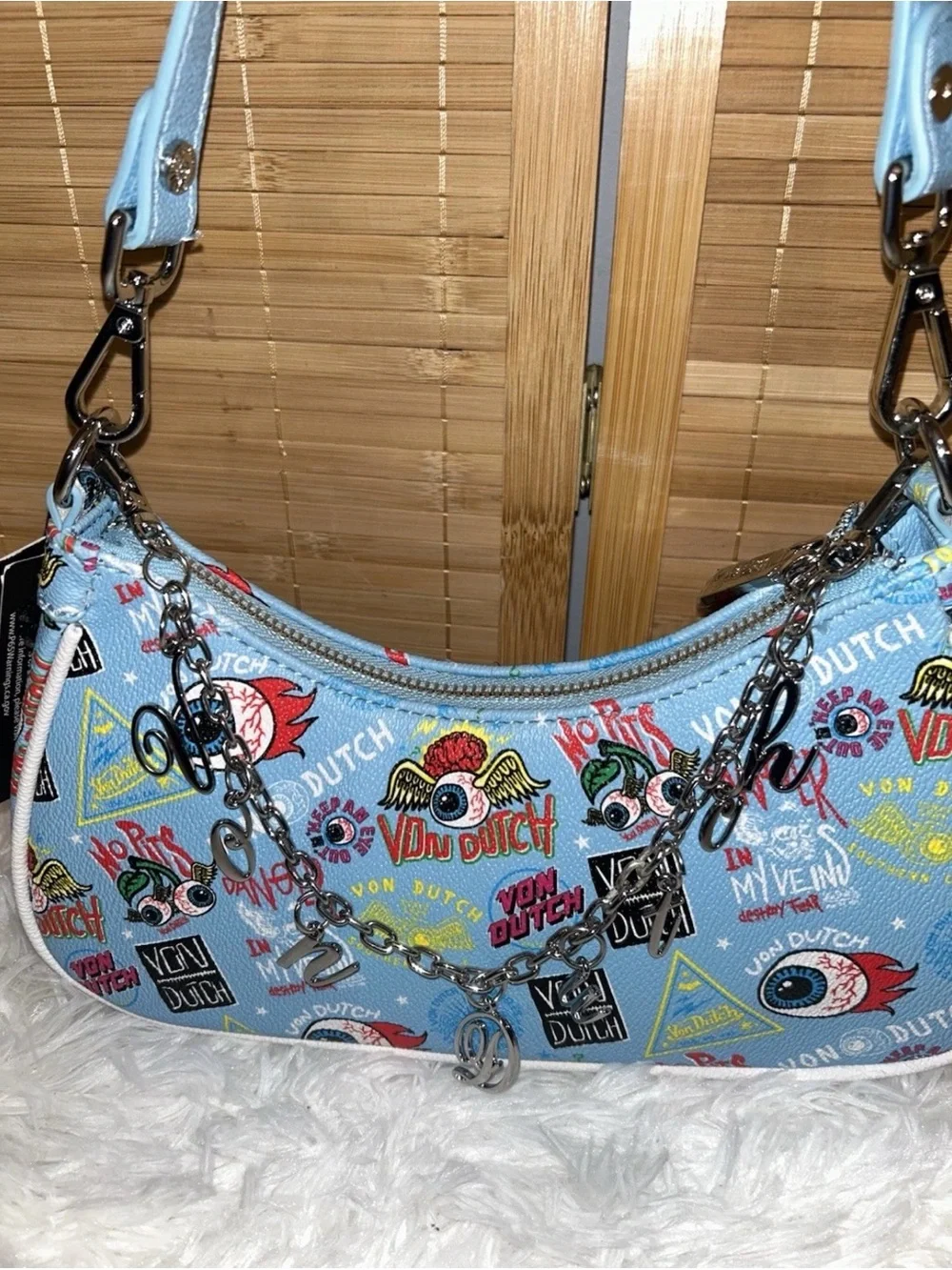 Von Dutch Blue Jax Shoulder Bag Y2K Eye Print Charm Chain Purse NWT Rare